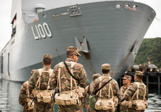 His Majesty's Armed Forces Royal Tongan Marines wait for further instruction alongside HMAS Choules as part of Exercise Southern Katipo 2017.