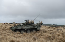 A New Zealand Army Light Armoured Vehicle (NZLAV) in tussock grass, another NZLAV in the background.  