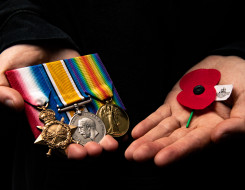 Two hands holding some service medals on the left and an RSA Poppy in the other hand (right side) 