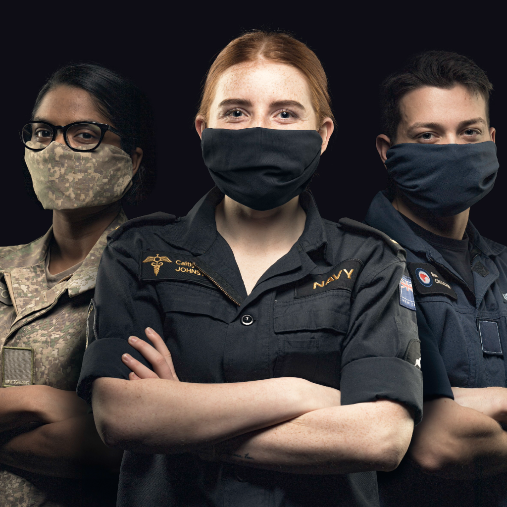 NZDF personnel with masks on and arms crossed.