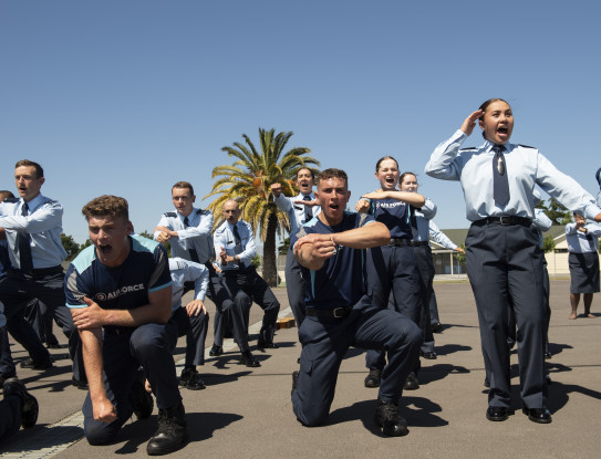 Royal New Zealand Air Force personnel performing a haka at a graduation at Base Woodbourne. 