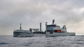 Royal New Zealand Navy's HMNZS Aotearoa sailing on the ocean. 