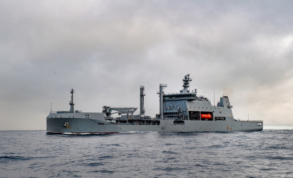 Royal New Zealand Navy's HMNZS Aotearoa sailing on the ocean. 