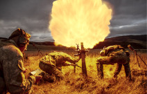 New Zealand Army soldiers fire a 81mm mortar round at dusk. One soldier stands back with looking at a piece of paper in lefthand side of the image. Two soldiers are near the mortar, heads down. Flames are shown coming out of the mortar which create the co