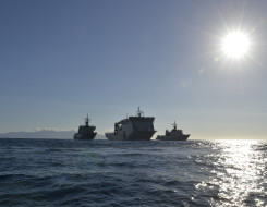 HMNZS Ships Otago, Canterbury and Wellington sailing together on the sea.