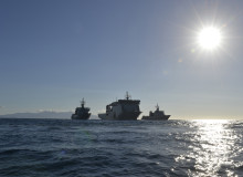 HMNZS Ships Otago, Canterbury and Wellington sailing together on the sea.