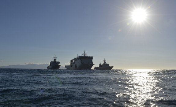 HMNZS Ships Otago, Canterbury and Wellington sailing together on the sea.