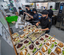 Navy Chefs prepare the lunch service at the Vince McGlone Galley, Devonport Naval Base.