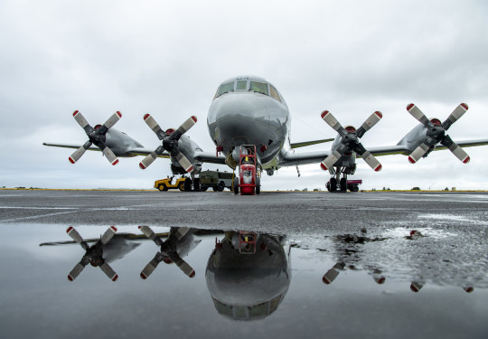 An Orion aircraft on the tarmac with its mirror imagine reflected in the foreground on overcast day at Base Aucklandn