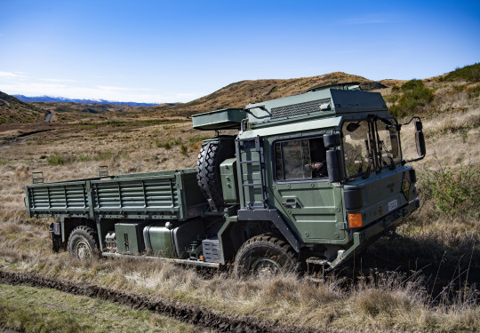 New Zealand Army Reservists conduct driver training on the New Zealand Army MHOV system in the Waiouru Military Training Area.