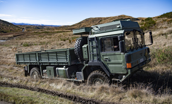 New Zealand Army Reservists conduct driver training on the New Zealand Army MHOV system in the Waiouru Military Training Area.