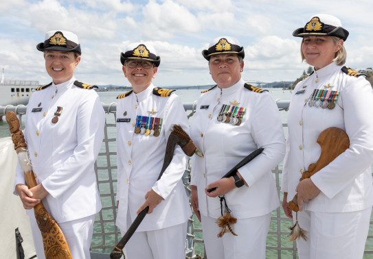 Four Royal New Zealand Navy ships are now commanded by women, from left, Lieutenant Samara Mankelow (HMNZS Taupo), Commander Yvonne Gray (HMNZS Manawanui), Commander Bronwyn Heslop (HMNZS Canterbury) and Commander Fiona Jameson (HMNZS Te Kaha)