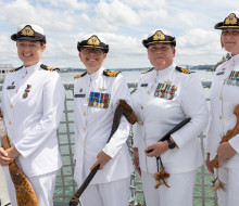 Four Royal New Zealand Navy ships are now commanded by women, from left, Lieutenant Samara Mankelow (HMNZS Taupo), Commander Yvonne Gray (HMNZS Manawanui), Commander Bronwyn Heslop (HMNZS Canterbury) and Commander Fiona Jameson (HMNZS Te Kaha)