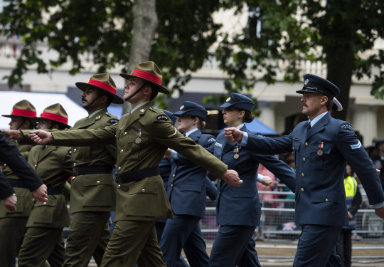 Corporoal Perrie Smith marches with the NZDF Platinum Jubilee Pageant Contingent down London’s The Mall.