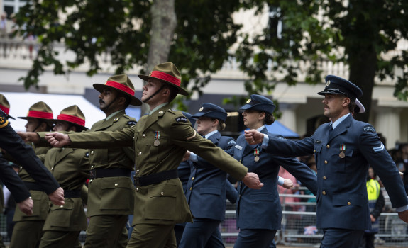 Corporoal Perrie Smith marches with the NZDF Platinum Jubilee Pageant Contingent down London’s The Mall.
