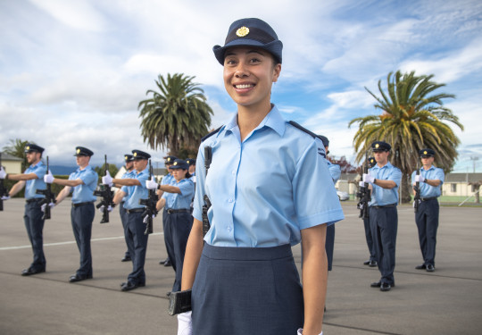 Aircraftman Maya Tewhata Low with the newest Airmen from the 22/01 Recruit Course at RNZAF Base Woodbourne.