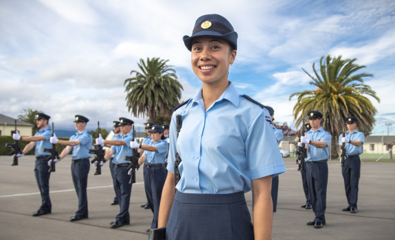 Aircraftman Maya Tewhata Low with the newest Airmen from the 22/01 Recruit Course at RNZAF Base Woodbourne.