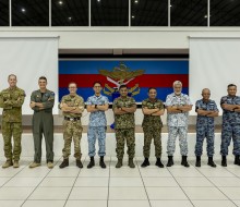 Members from the Australia, Malaysia, New Zealand, Singapore and United Kingdom militaries attend the opening ceremony for Exercise Bersama Lima 2025 in Kuantan, Malaysia.
