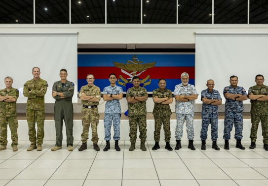 Members from the Australia, Malaysia, New Zealand, Singapore and United Kingdom militaries attend the opening ceremony for Exercise Bersama Lima 2025 in Kuantan, Malaysia.