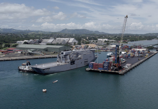 HMNZS Canterbury sailing into port in Lautoka, Fiji.