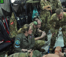 Royal New Zealand Air Force medic, Corporal Heidi Joseph from the Aeromedical Evacuation team on-board a Royal Air Force aircraft during Exercise Mobility Guardian 23.