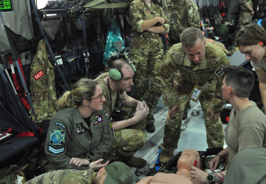 Royal New Zealand Air Force medic, Corporal Heidi Joseph from the Aeromedical Evacuation team on-board a Royal Air Force aircraft during Exercise Mobility Guardian 23.