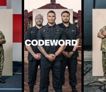CODEWORDS features multiple staff from all three services, they are pictured in front of a while rectangle with a trade-relevant location in the background.