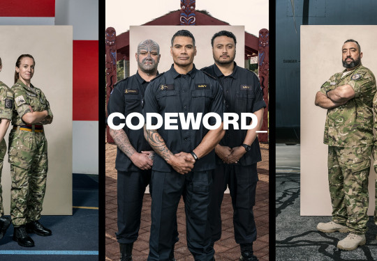 CODEWORDS features multiple staff from all three services, they are pictured in front of a while rectangle with a trade-relevant location in the background.