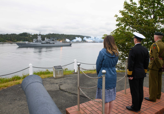 As HMNZS Te Mana’s gun salute echoes around the harbour, Canada bids farewell to the ship and crew as she departs Esquimalt Harbour at Duntze Head, Canadian Forces Base Esquimalt on 30 May 2022.