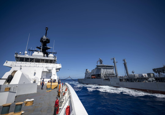HMNZS Aotearoa conducts replenishment at sea with US Coast Guard Cutter Midgett.