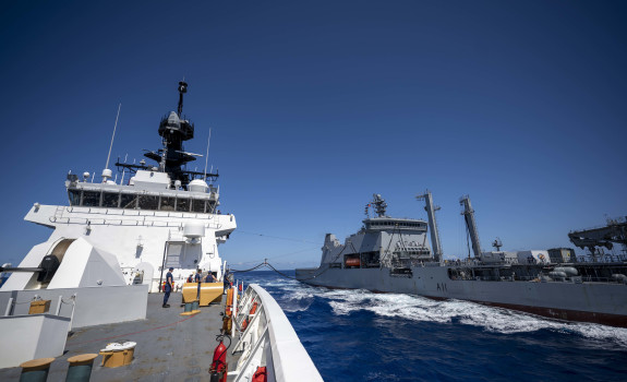 HMNZS Aotearoa conducts replenishment at sea with US Coast Guard Cutter Midgett.