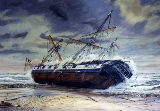 A painting of the grounding of HMS Buffalo. Image: Mercury Bay Museum