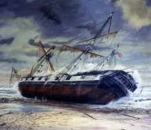 A painting of the grounding of HMS Buffalo. Image: Mercury Bay Museum