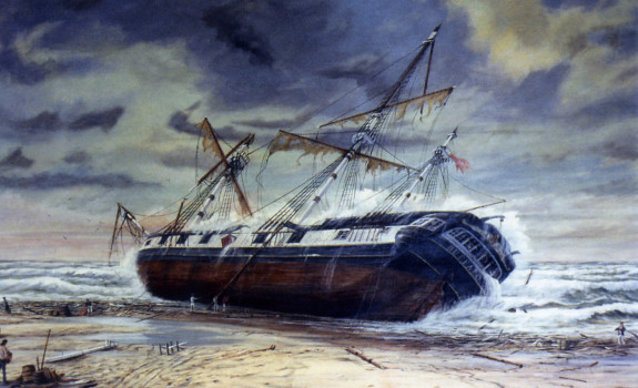 A painting of the grounding of HMS Buffalo. Image: Mercury Bay Museum