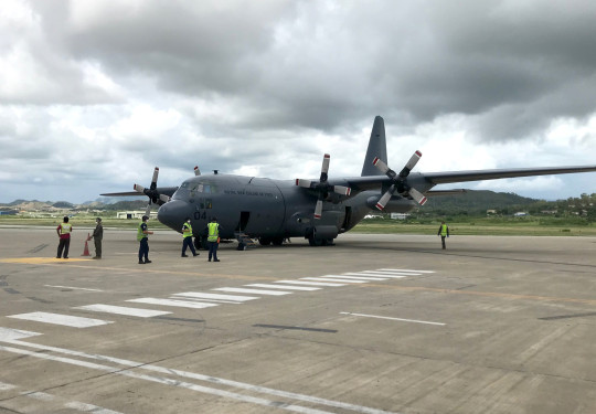 The Royal New Zealand Air Force C-130 Hercules arrives in Port Moresby.