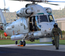 A Seasprite helicopter ready for mountain flying is on the tarmac of Whitianga Airfield.