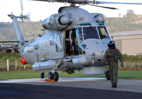 A Seasprite helicopter ready for mountain flying is on the tarmac of Whitianga Airfield.