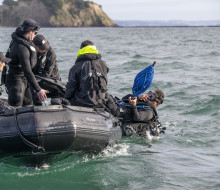 A diver from HMNZS Matataua leaves a Zodiac, a small boat. Five other sailors and divers remain in the boat.