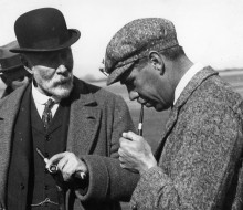 Sir Henry Wigram (centre, with bowler hat) with Lieutenant Colonel Arthur Bettington, from the British Air Ministry at Sockburn Aerodrome in 1919 