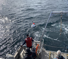 A floating white reflector a slightly smaller fluorescent pink bouy in the sea, seen from a ship just off its stern. Four people can be seen from behind looking towards the reflector, one is holding a boat hook.