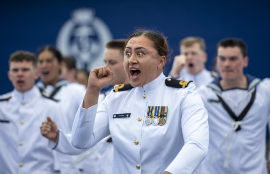 Sub Lieutenant Tyler Simeon performs a haka alongside other graduates