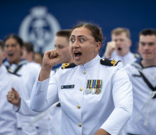 Sub Lieutenant Tyler Simeon performs a haka alongside other graduates