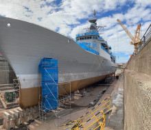 HMNZS Te Kaha mid-refit at the Calliope Dry Dock 
