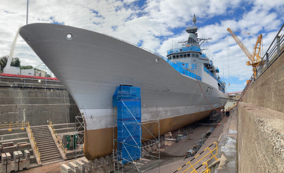 HMNZS Te Kaha mid-refit at the Calliope Dry Dock 