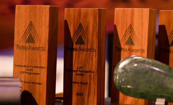 Multiple wooden rectangle awards sit on a table, engraved on them are triangles and the category of the award.