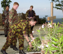 A man in camouflage uniform lays a wreath surrounded by plants in Timor-Leste.