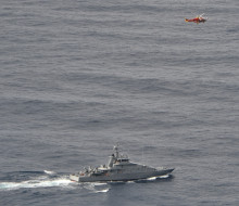 HMNZS Taupo and a Westpac Rescue helicopter during the search off North Cape for those missing from fishing charter vessel Enchanter. Photo taken by Orion crew involved in the search.