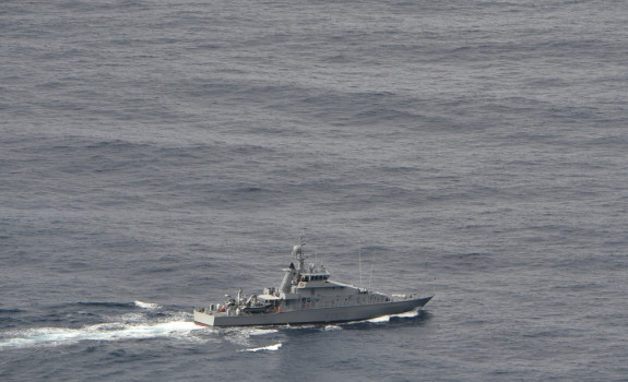 HMNZS Taupo and a Westpac Rescue helicopter during the search off North Cape for those missing from fishing charter vessel Enchanter. Photo taken by Orion crew involved in the search.