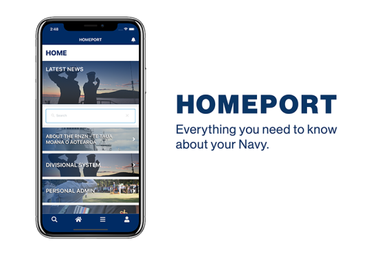 The new HomePort app displayed on a phone screen. HomePort replicates the detailed information contained in the Navy Divisional Handbook and makes it available as a downloadable app that sailors and officers can access 24 hours a day.