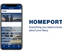 The new HomePort app displayed on a phone screen. HomePort replicates the detailed information contained in the Navy Divisional Handbook and makes it available as a downloadable app that sailors and officers can access 24 hours a day.